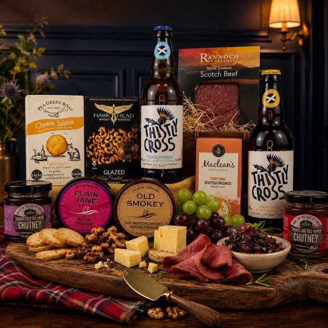 Gourmet food and drink spread with Thistly Cross beer, cheese, and meats on a wooden board.