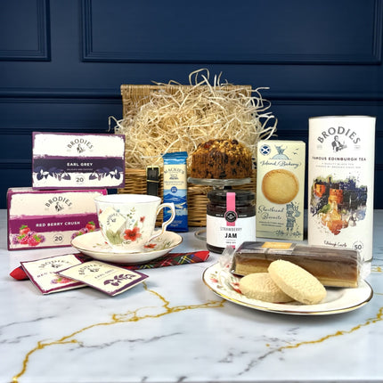 Tea Jenny gift hamper with Brodies teas, Scottish shortbread, Dundee cake and sweet treats
