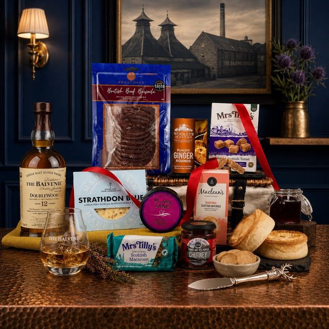 The Balvenie Hamper with DoubleWood 12 single malt whisky, Scottish cheese, smoked beef and traditional treats