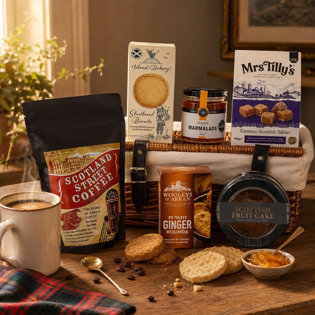 The Coffee Lover gift hamper with Scottish coffee, shortbread, tablet and biscuits