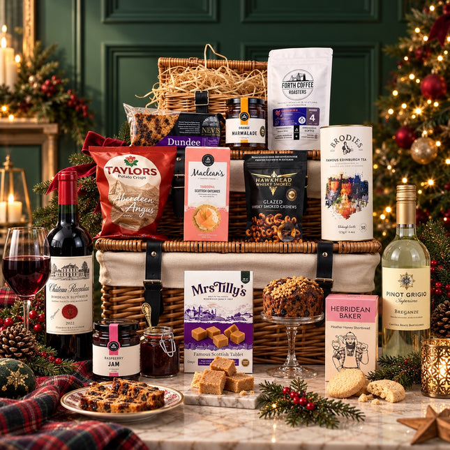 The Glen Coe Christmas Hamper with red and white wine, Scottish treats and wicker baskets in a festive green-panelled setting