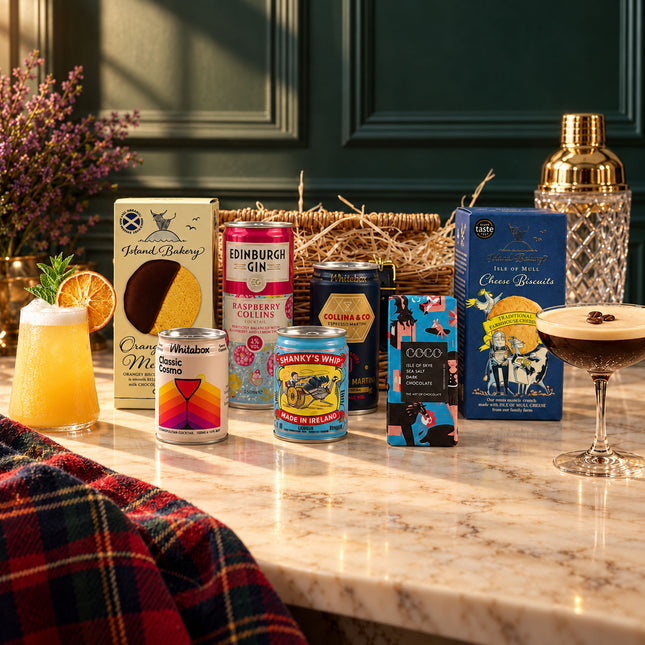 The Wee Cocktail Hamper with cocktail cans, Island Bakery biscuits and COCO mini chocolate. Glassware, shaker and garnishes shown as serving suggestions.