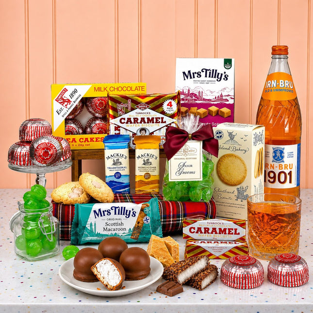Assorted confectionery and drinks on a table with a pink wooden panel background